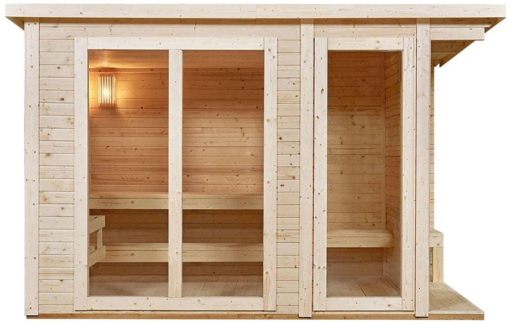 Die Artsauna Outdoor Sauna Varberg bietet ausreichend Platz für mehrere Personen und kommt mit nützlichem Zubehör, das den Komfort erhöht. Das Holzdesign sorgt für eine robuste Bauweise und eine gute Isolierung, die eine angenehme Saunaerfahrung ermöglicht.